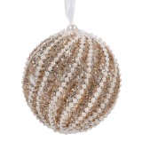 Ornament Brad Crăciun, Glob, Dungi, Bej șampanie, Perle Albe, Glitter, 10cm, Oem