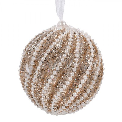 Ornament Brad Crăciun, Glob, Dungi, Bej șampanie, Perle Albe, Glitter, 10cm foto