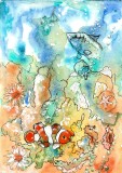 E110. Tablou original, Peisaj submarin abstract, acuarela, neinramat, 21x29 cm, Peisaje, Suprarealism, RavariuArt