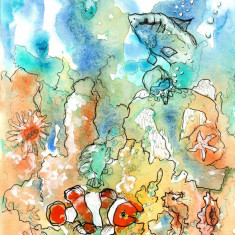 E110. Tablou original, Peisaj submarin abstract, acuarela, neinramat, 21x29 cm
