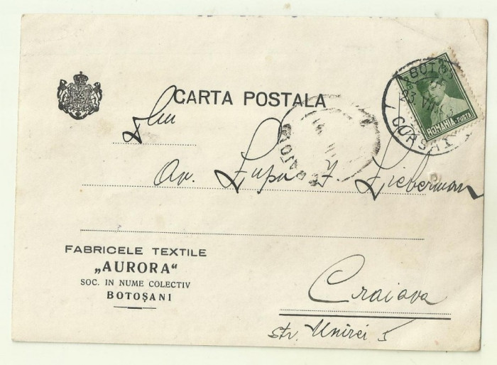 cp antet FABRICELE TEXTILE AURORA din Botosani - circulata 1930