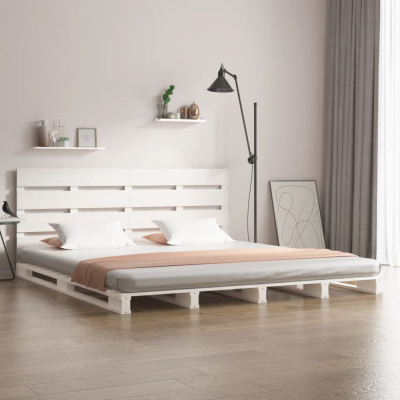 vidaXL Cadru de pat dublu, alb, 135x190 cm, lemn masiv de pin foto