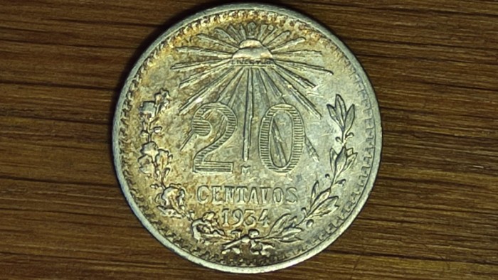 Mexic -moneda de colectie rara- 20 centavos 1934 XF+/AU -argint 0.720 - superba!