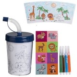 Pahar cu perete dublu pentru colorat, Tema Animale din Jungla, Set complet cu markere și autocolante, CMCLASS