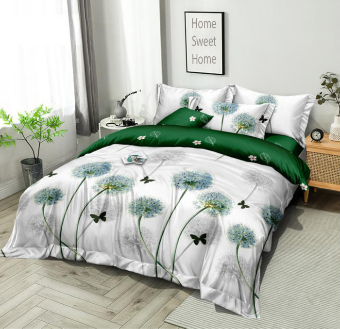 Lenjerie de pat pentru o persoana cu husa elastic pat si 2 fete perna patrata, Dragan, bumbac mercerizat, multicolor