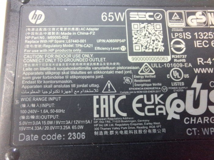 65W USB-C AC Charger for HP Laptops and Phones 20.0V 3.25A