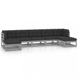 vidaXL Set mobilier de grădină cu perne, 7 piese, gri, lemn masiv pin