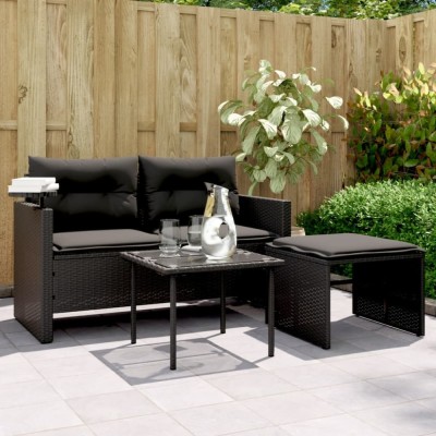 vidaXL Set mobilier de grădină cu perne, 3 piese, negru, poliratan foto