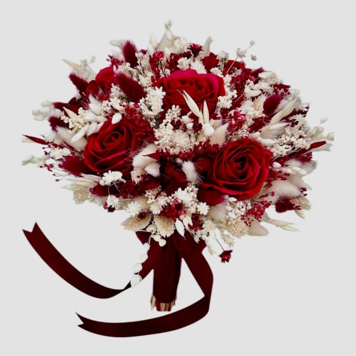 Buchet cu trandafiri si mix flori uscate , personalizabil, ideal pentru cununie civila, nunta, mireasa, nasa sau cadou, alb-grena