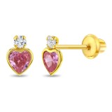 Cercei pentru Fetite din Aur 14K, model Royal Heart, Piatra CZ Alba rotunda si Roz inima, cu Filet si Protectie
