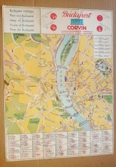 G563-Harta veche interbelica Budapesta Corvin Louvre Rinascente a Roma cu descriere in inca 4 limbi de circulatie. Marimi: 53/ 40 cm.