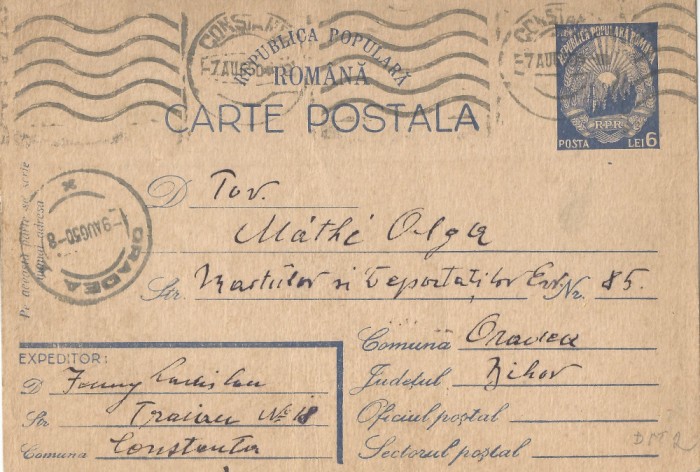 *Romania, c.p. circulata intern (II), 1950