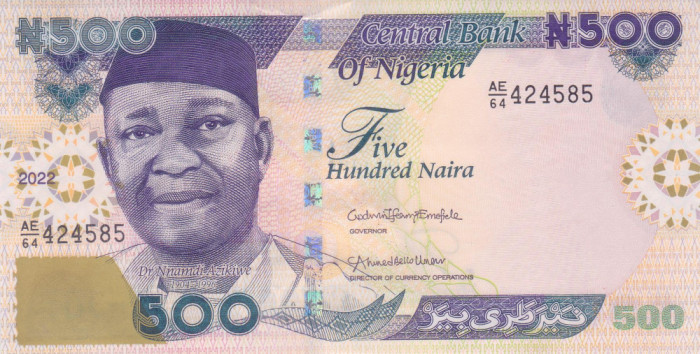 Bancnota Nigeria 500 Naira 2022 - PNew UNC