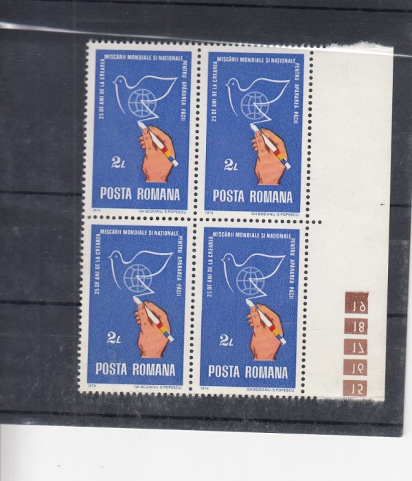 ROMANIA 1974 LP 857 BLOC DE 4 TIMBRE MNH