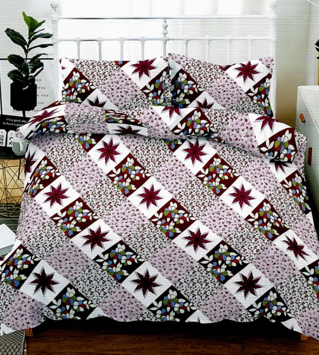 Lenjerie de pat matrimonial cu husa elastic pat si fata perna dreptunghiulara, Nadia, bumbac mercerizat, multicolor