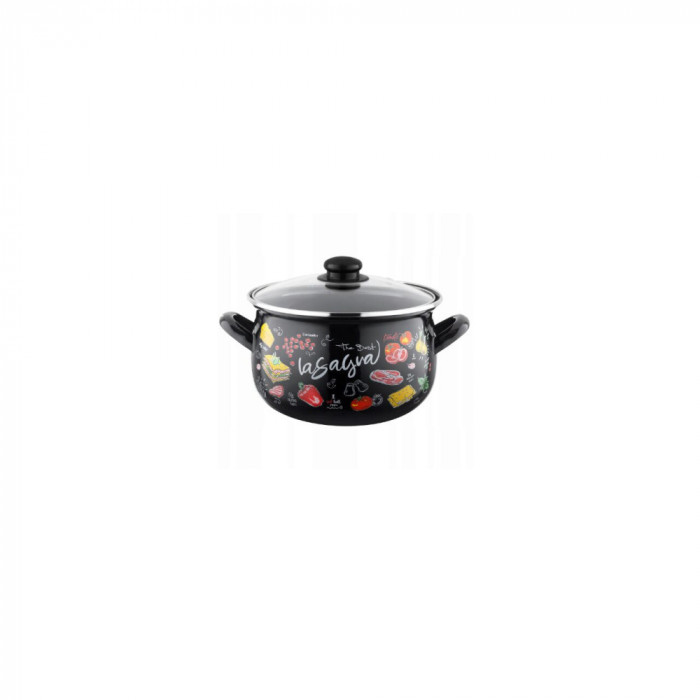 Oala cu capac din sticla, inox, emailata, neagra,16cm-2.2l, FLorina