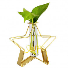 Vază decorativă stea, din metal auriu și sticlă transparentă 19.5 cm
