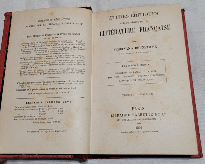 Carte 1894 - studii asupra istoriei literaturii franceze de Ferdinand Brunetiere