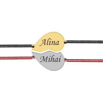 You and Me - Set bratari snur personalizate din argint inimioara pentru cuplu cu nume foto