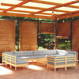 VidaXL Set mobilier grădină cu perne, 13 piese, gri, lemn de pin
