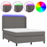 Cumpara ieftin Pat cu arcuri, saltea si LED, gri, 140x190 cm, piele ecologica