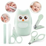 Set Ingrijire Unghii Bebelusi 0-36 Luni, Kit Manichiura Complet, 4 in 1, cu Foarfeca, Unghiera, Penseta si Pila, Model Bufnita Verde, Accesorii Sigure