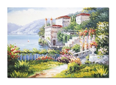 Tablou peisaj lacul Como pictat manual, Colt de rai, 70x50cm ulei pe panza in cutit efect 3D, Magistral foto