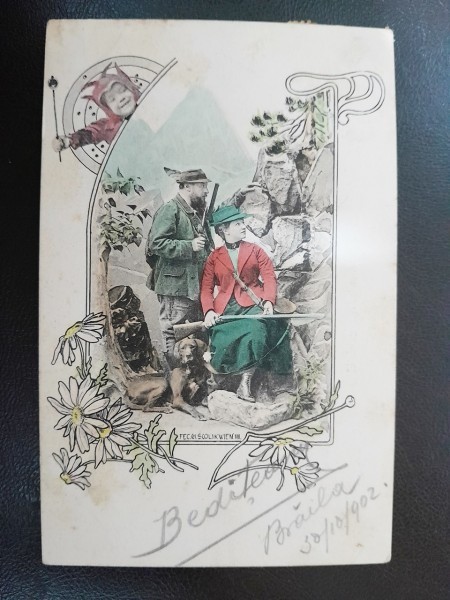 Carte postala, la vanatoare, inceput de secol XX