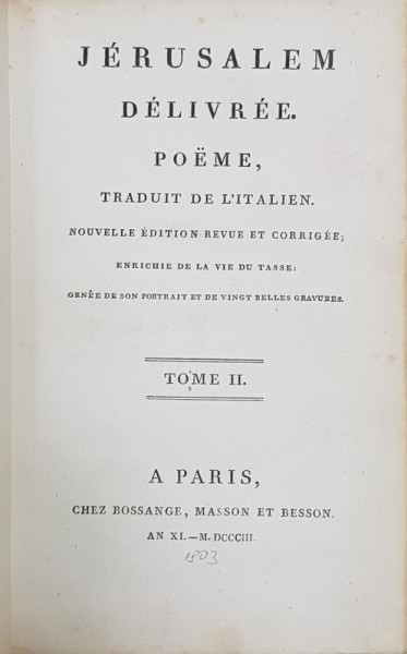 JERUSALEM DELIVREE, POEME DU TASSE . TOM II - PARIS, 1803