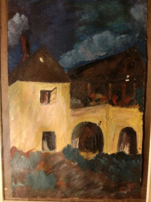Tablou Casa veche, ulei pe carton, semnat C.P. foto