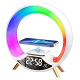 Lampa Smart LED RGB, functie de incarcare Wireless, 15W, lumini ambientale, control tactil, sincronizare muzicala, difuzoare Bluetooth 5W, afisaj ceas