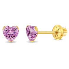 Cercei Aur 14K Copii, model Birthstone (zi nastere octombrie), forma Inima cu Piatra CZ Pink