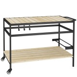 Outsunny Cărucior cu Roți din Lemn cu 2 Rafturi, 3 C&acirc;rlige, Blat cu Lamele și M&acirc;ner 107x65x80 cm Natural | Aosom Romania