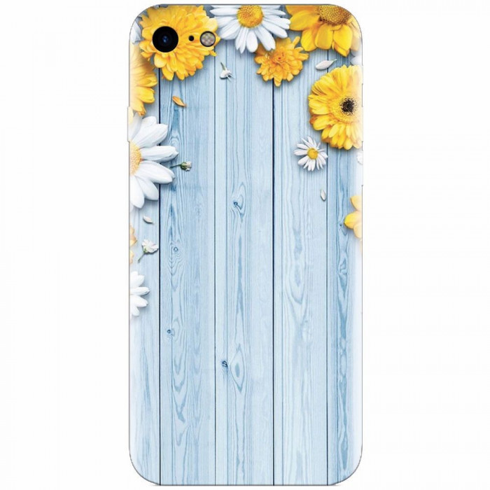 Husa silicon pentru Apple Iphone 8, Sunflower On Blue Wood