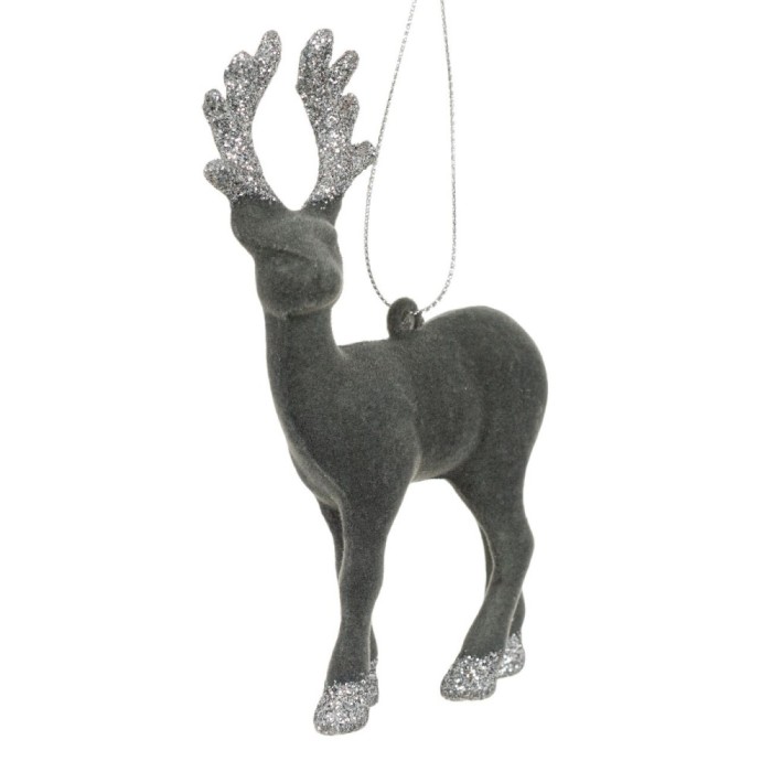 Ornament Brad Crăciun, Model Cerb Catifelat, Culoare Gri cu Glitter, Dimensiuni 13cm