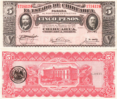 Mexic 5 Pesos Chihuahua 1914 P-S531 UNC foto