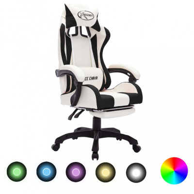 vidaXL Scaun de racing cu LED RGB, negru și alb, piele ecologică 288015 foto