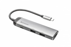 HUB extern VERBATIM, USB 3.0 x 2, HDMI x 1 (4K@30Hz), USB Type C x 1, conectare USB Type C, cablu 15 cm, max. 3A, brushed metal &quot;49140&quot; (timbru verde