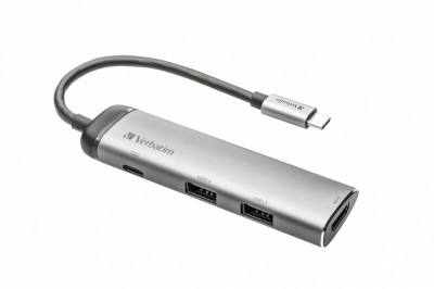 HUB extern VERBATIM, USB 3.0 x 2, HDMI x 1 (4K@30Hz), USB Type C x 1, conectare USB Type C, cablu 15 cm, max. 3A, brushed metal &amp;quot;49140&amp;quot; (timbru verde foto