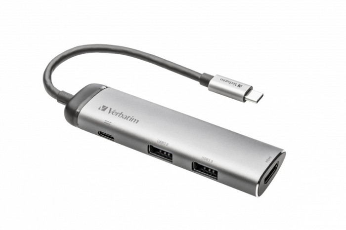 HUB extern VERBATIM, USB 3.0 x 2, HDMI x 1 (4K@30Hz), USB Type C x 1, conectare USB Type C, cablu 15 cm, max. 3A, brushed metal &quot;49140&quot; (timbru verde