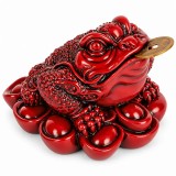 Broasca norocoasa Feng Shui, pe soclu de monede si pepite, statueta piatra 9 cm rosu