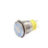 Buton push iluminat fara mentinere, 5A 12V DC, 19mm, IP67, metalic, inel LED albastru, 5 pini, FLM19-FJ-1-EX000-S11M6-BLUE