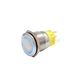 Buton push iluminat fara mentinere, 5A 12V DC, 19mm, IP67, metalic, inel LED albastru, 5 pini, FLM19-FJ-1-EX000-S11M6-BLUE