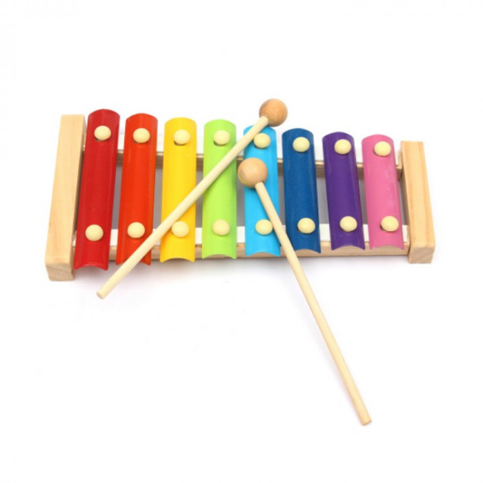 Jucarie muzicala Xilofon din lemn cu 8 note muzicale , ciocanel , multicolor