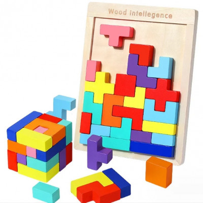 Joc tetris, wooden puzzle, cu 40 piese din lemn, 3D, educativ, 27cm x 18cm buz foto