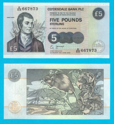 Scotia (p#218) 5 Pounds 2002 UNC &amp;#039;Șoarece / Burns&amp;#039; serie: 667873 Clydesdale Bank foto