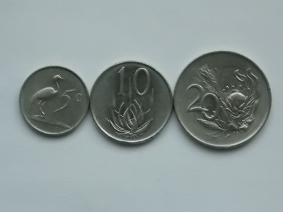 LOT 3 MONEDE 5,10,20 CENTS SOUTH AFRICA 1965 foto