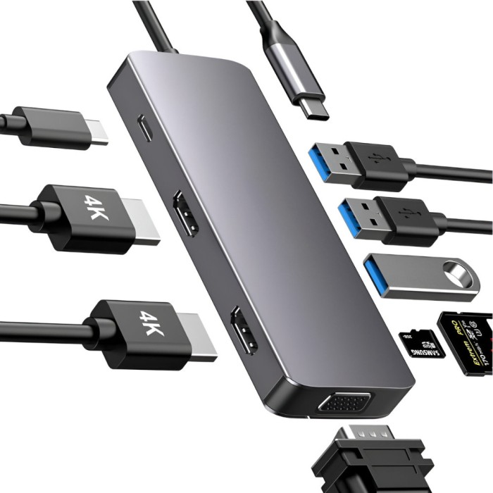 Hub Adaptor Multiport 9 in 1, USB-C, 3 x USB 3.0, 2 x HDMI 4K, 30 Hz, 1 x VGA 1080P, 60 Hz, Power Delivery Port 87 W, Cititor de Carduri SD si Micro S