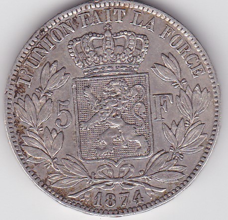 BELGIA 5 FRANCI Francs 1874