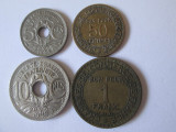 Lot 4 monede Franta:5 Cmes 1932/10 Cmes 1918/50 Cmes 1923/1 Franc 1924, Europa, Cupru-Nichel, Circulata